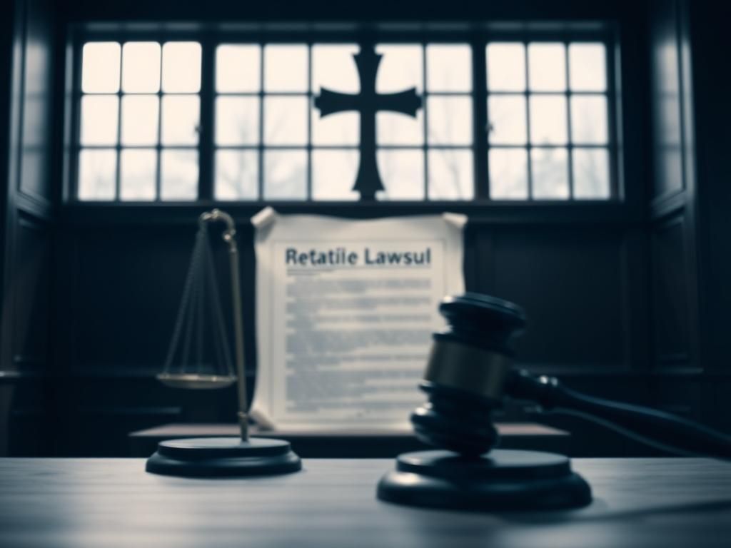 Flick International Dark courtroom scene with an empty witness stand and blurred gavel