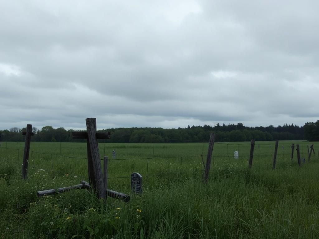 Flick International A haunting landscape of Fox Hollow Farm, showcasing overgrown fields and decaying wooden fences.
