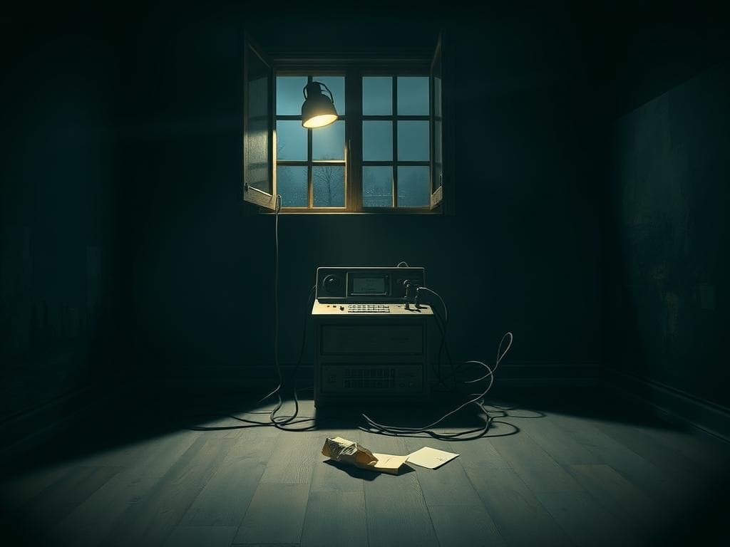 Flick International A dimly-lit room featuring a lie detector machine surrounded by shadows and tension