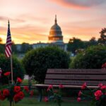Flick International A serene outdoor scene with a small American flag, red roses, and a veterans' memorial bench under a sunset sky