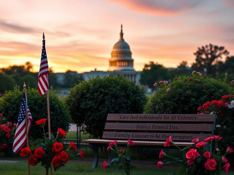 Flick International A serene outdoor scene with a small American flag, red roses, and a veterans' memorial bench under a sunset sky