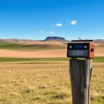Flick International Tranquil rural landscape in Idaho with an old-fashioned radio on a fence post