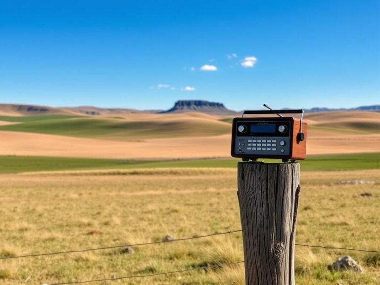 Flick International Tranquil rural landscape in Idaho with an old-fashioned radio on a fence post