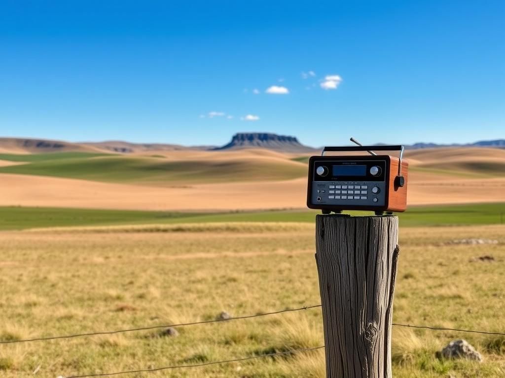 Flick International Tranquil rural landscape in Idaho with an old-fashioned radio on a fence post
