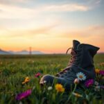 Flick International A weathered military boot in a serene landscape at dawn, symbolizing hope and the journey of a wounded soldier