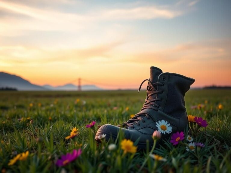 Flick International A weathered military boot in a serene landscape at dawn, symbolizing hope and the journey of a wounded soldier
