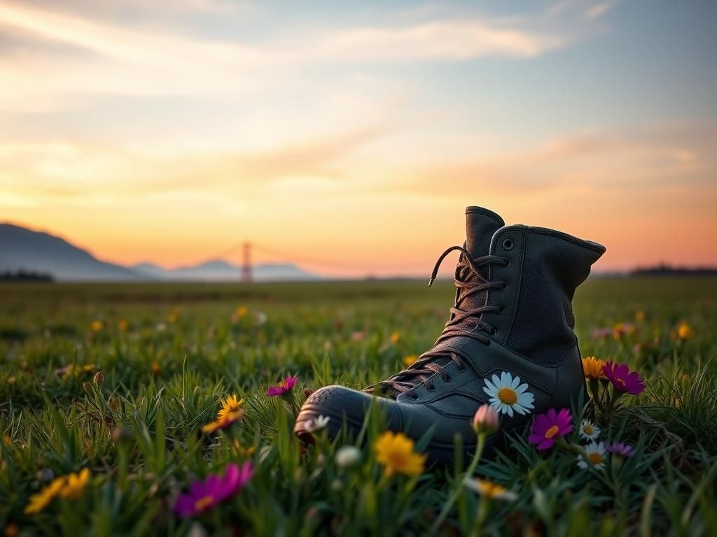 Flick International A weathered military boot in a serene landscape at dawn, symbolizing hope and the journey of a wounded soldier