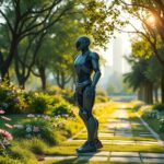 Flick International High-tech AI exoskeleton in a futuristic urban park setting