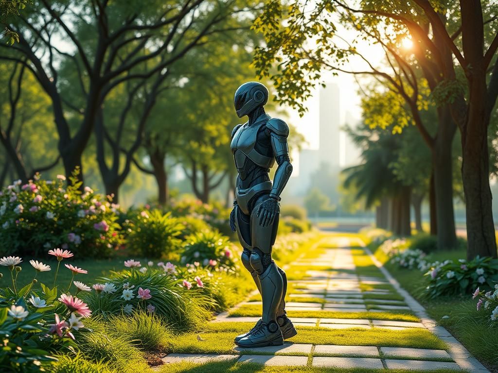 Flick International High-tech AI exoskeleton in a futuristic urban park setting