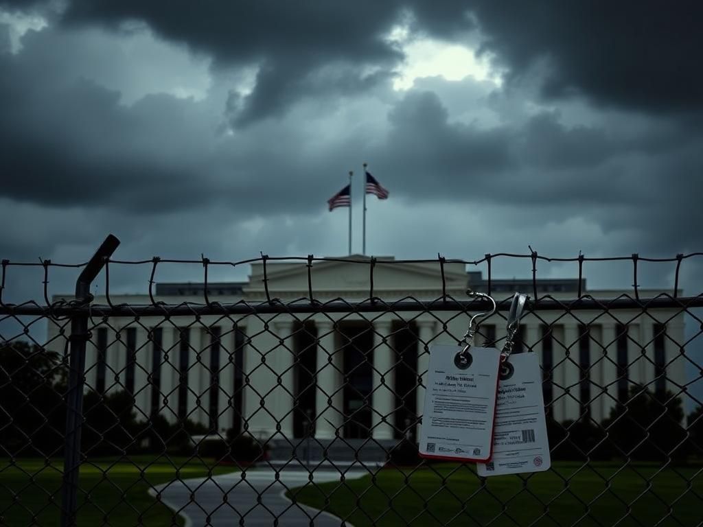Flick International Dramatic view of the Pentagon building under dark clouds with a chain-link fence