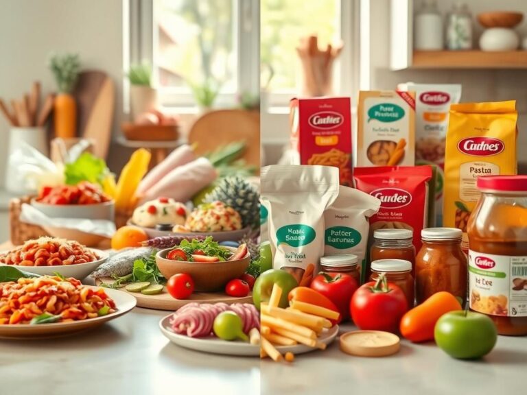 Flick International A vibrant kitchen countertop featuring both homemade and processed foods, illustrating the contrast between freshness and convenience.