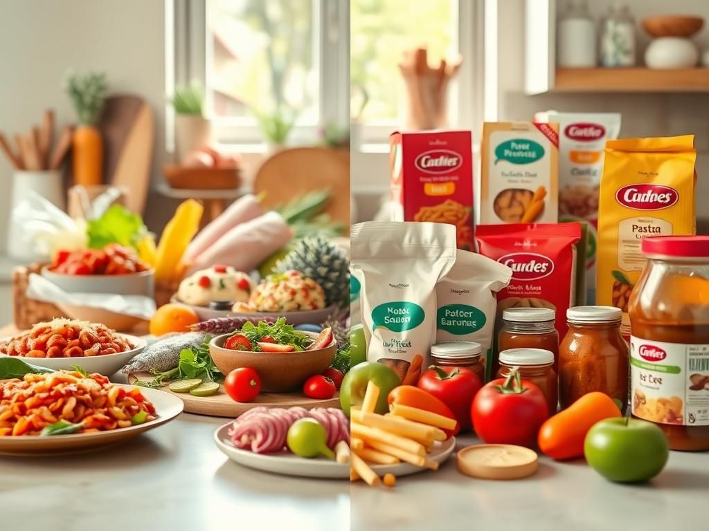 Flick International A vibrant kitchen countertop featuring both homemade and processed foods, illustrating the contrast between freshness and convenience.