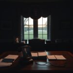 Flick International A dimly lit Oval Office featuring an ornate wooden desk and presidential seal