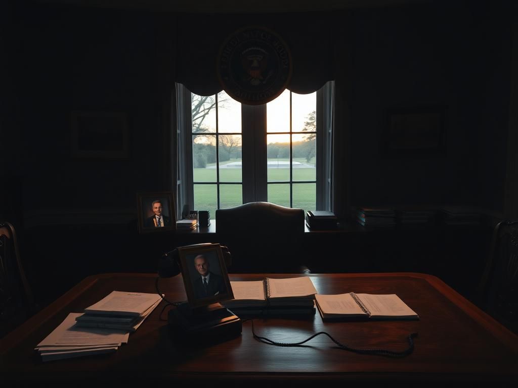 Flick International A dimly lit Oval Office featuring an ornate wooden desk and presidential seal