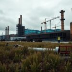 Flick International A stark industrial scene contrasting a dilapidated factory with a modern data center under construction