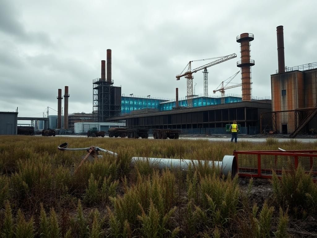 Flick International A stark industrial scene contrasting a dilapidated factory with a modern data center under construction
