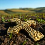 Flick International Vintage close-up of a 1,200-year-old gilded Christian cross found in a field