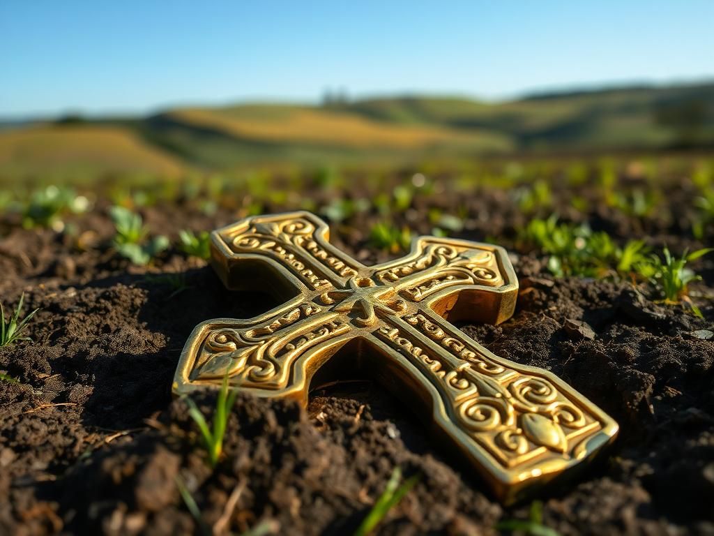 Flick International Vintage close-up of a 1,200-year-old gilded Christian cross found in a field