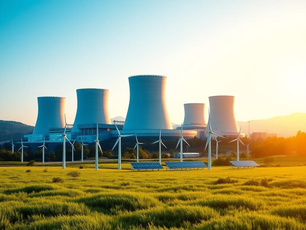 Flick International A futuristic nuclear power plant surrounded by green landscapes and renewable energy sources