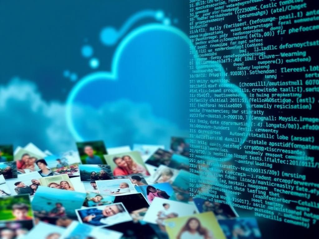 Flick International Conceptual digital collage depicting AI technology implications with blurred cloud storage icon and fragmented family images