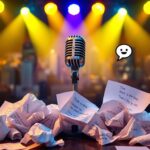 Flick International Stage with a vintage microphone and colorful spotlights illuminating a comedy performance area