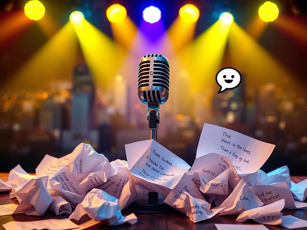Flick International Stage with a vintage microphone and colorful spotlights illuminating a comedy performance area