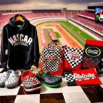 Flick International A vibrant display of NASCAR fan gear on a checkerboard racing surface featuring a black hoodie, racing-themed Crocs, a colorblock backpack, and a garden flag.