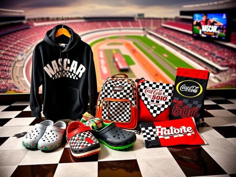 Flick International A vibrant display of NASCAR fan gear on a checkerboard racing surface featuring a black hoodie, racing-themed Crocs, a colorblock backpack, and a garden flag.