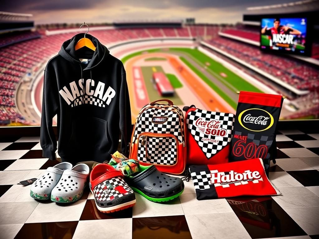 Flick International A vibrant display of NASCAR fan gear on a checkerboard racing surface featuring a black hoodie, racing-themed Crocs, a colorblock backpack, and a garden flag.