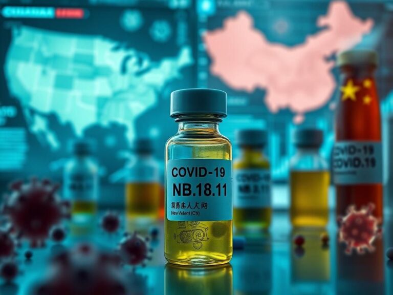 Flick International Close-up collage of a laboratory setting featuring vials of COVID-19 virus samples with a focus on the new variant NB.1.8.1.