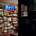Flick International A split-screen image contrasting a vibrant bookshelf of Trump tell-all books with a shadowy shelf of Biden books
