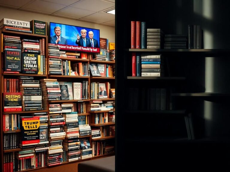 Flick International A split-screen image contrasting a vibrant bookshelf of Trump tell-all books with a shadowy shelf of Biden books