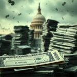 Flick International Abstract representation of a chaotic financial landscape with stacks of paper money symbolizing untraceable Treasury payments