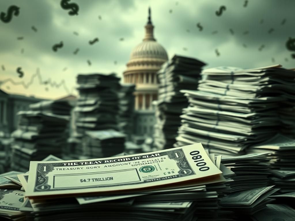 Flick International Abstract representation of a chaotic financial landscape with stacks of paper money symbolizing untraceable Treasury payments