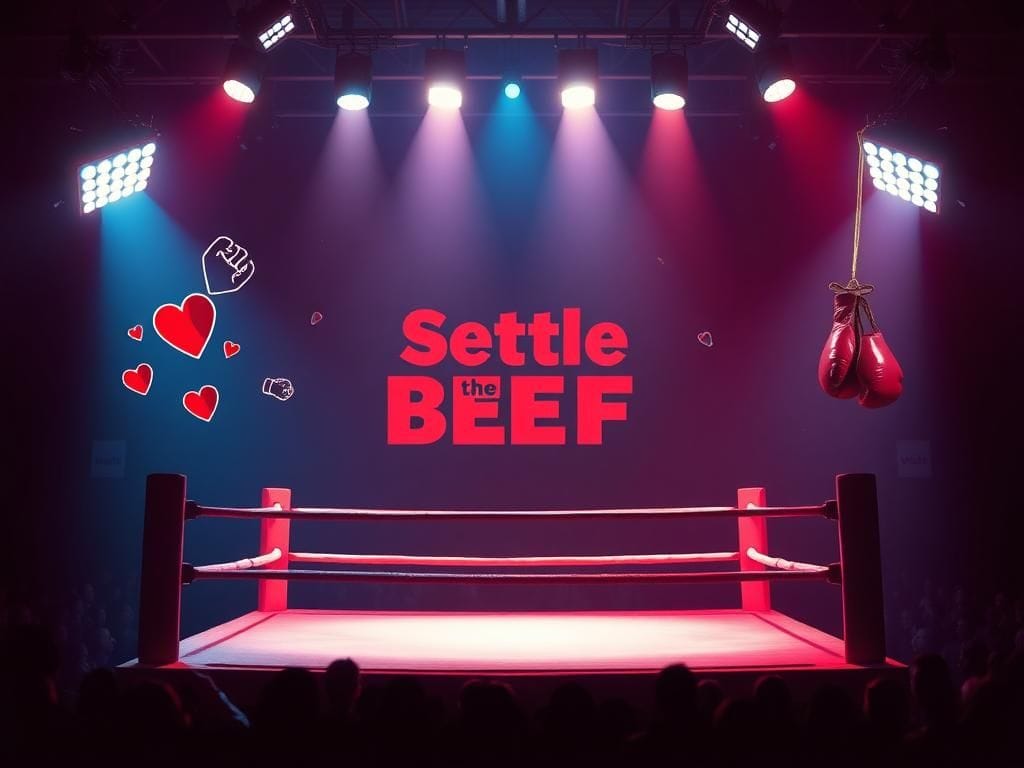 Flick International A boxing ring illuminated by bright spotlights in a dimly lit arena, representing rivalry.