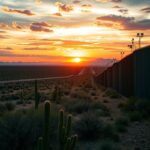 Flick International A vast Texas landscape illustrating the U.S.-Mexico border with a sturdy metal border wall under a dramatic sunset sky
