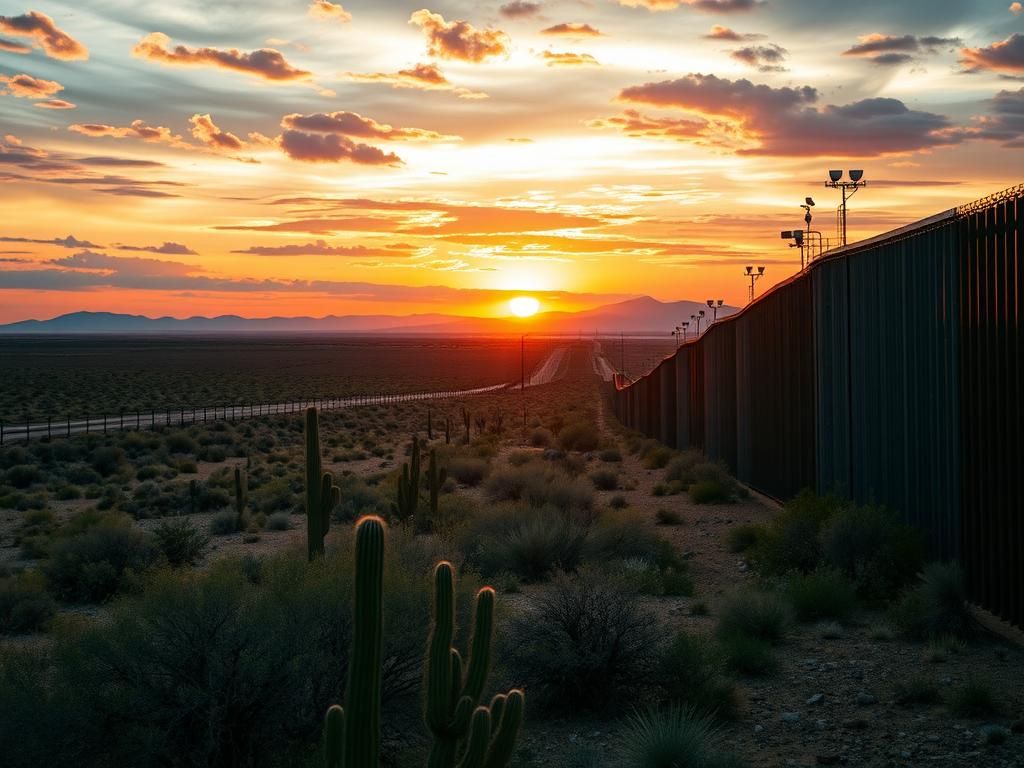 Flick International A vast Texas landscape illustrating the U.S.-Mexico border with a sturdy metal border wall under a dramatic sunset sky