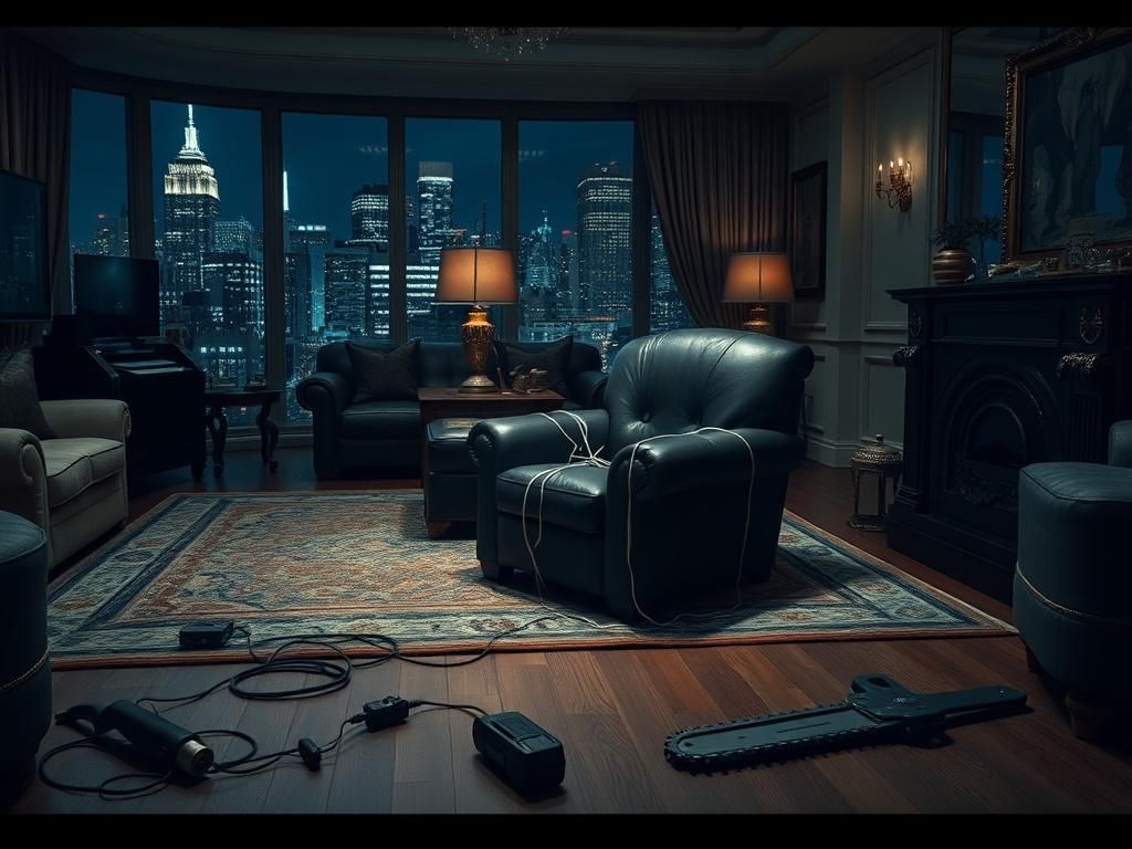 Flick International A luxurious New York City townhouse interior with empty leather chair tied with cords and ominous torture tools on the floor