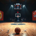 Flick International Dramatic scene of an empty basketball court after a tense playoff game between the Pacers and Knicks