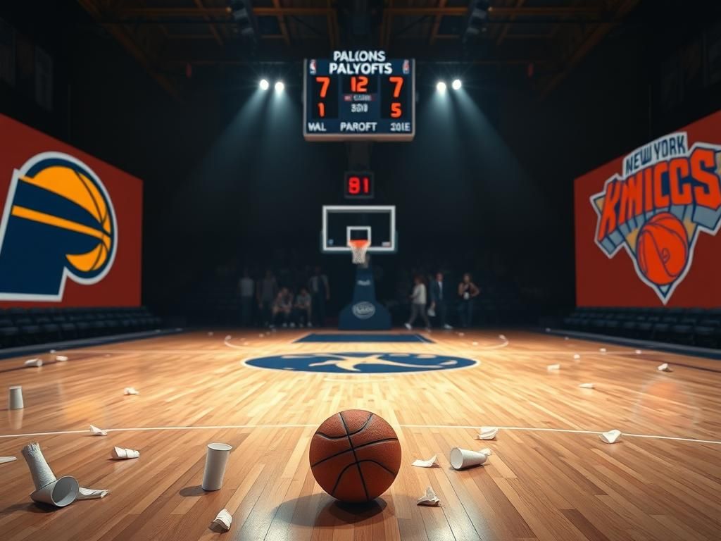 Flick International Dramatic scene of an empty basketball court after a tense playoff game between the Pacers and Knicks