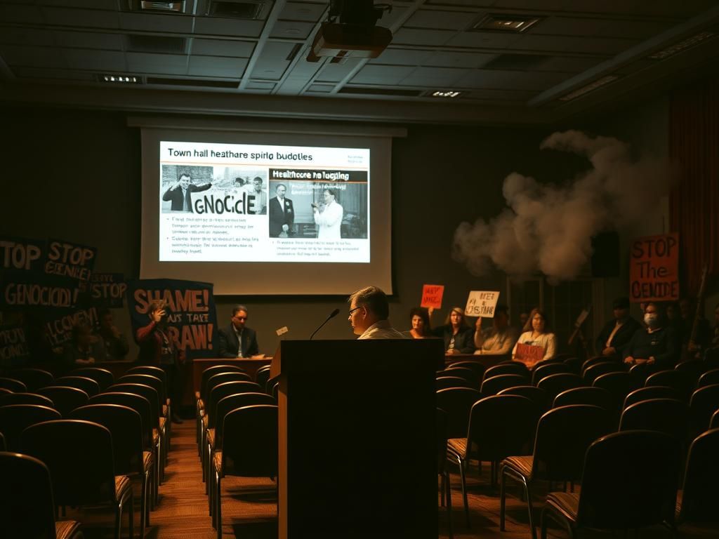 Flick International Hysterical protester interrupts town hall meeting with urgent signs about Gaza
