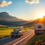 Flick International Vintage GMC pickup truck parked on a scenic road surrounded by wildflowers and mountains