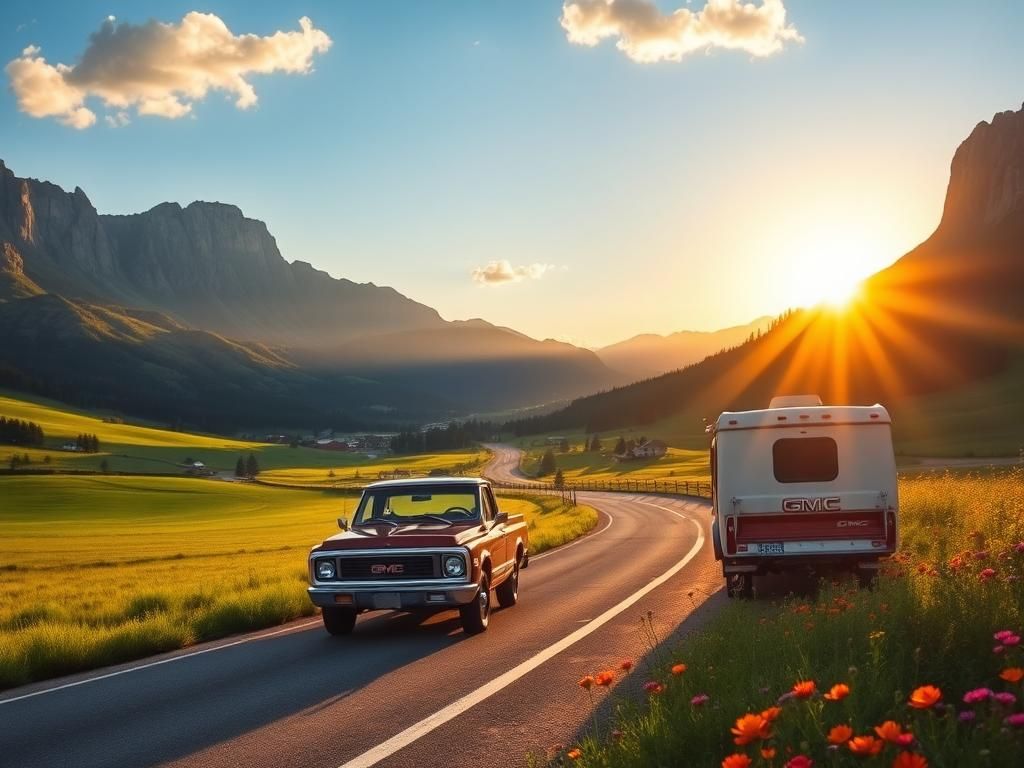 Flick International Vintage GMC pickup truck parked on a scenic road surrounded by wildflowers and mountains