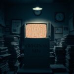 Flick International Dimly lit newsroom with stacks of books and newspapers, featuring the title page of 'Original Sin' and a vintage television displaying static