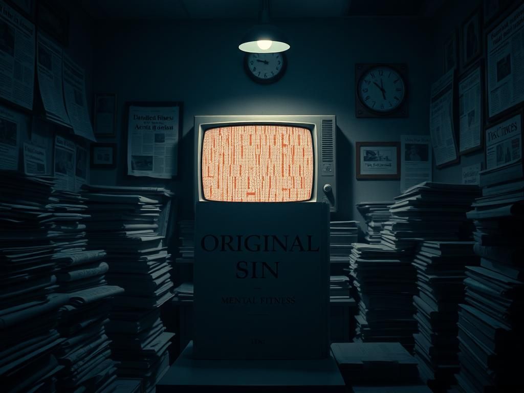 Flick International Dimly lit newsroom with stacks of books and newspapers, featuring the title page of 'Original Sin' and a vintage television displaying static