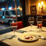 Flick International A serene table setting in a dimly lit steakhouse with an ambulance in the background