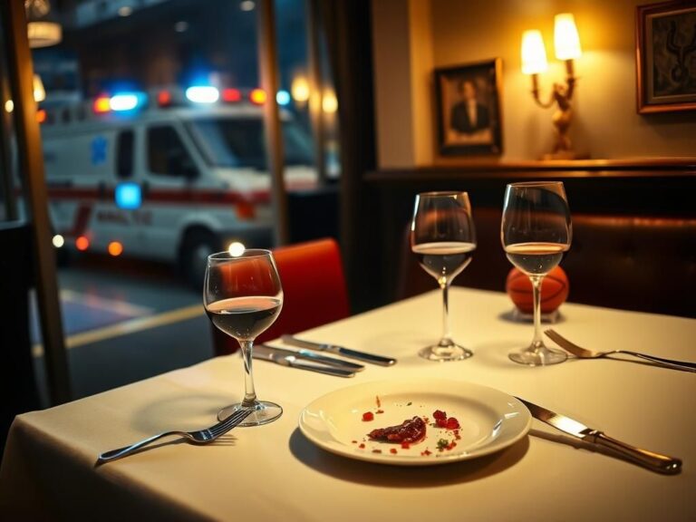 Flick International A serene table setting in a dimly lit steakhouse with an ambulance in the background