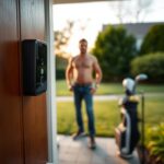 Flick International Close-up of a modern doorbell camera capturing a shirtless man silhouette at a suburban AirBnB