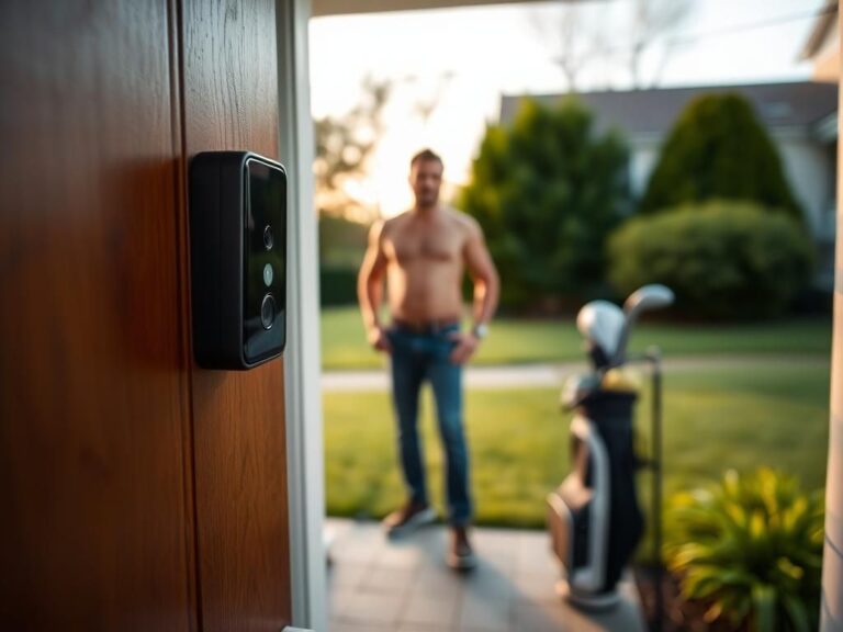 Flick International Close-up of a modern doorbell camera capturing a shirtless man silhouette at a suburban AirBnB