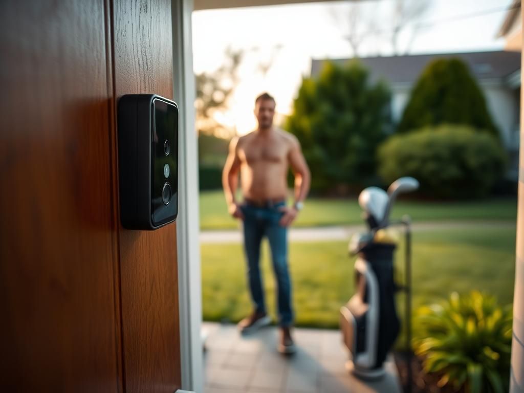 Flick International Close-up of a modern doorbell camera capturing a shirtless man silhouette at a suburban AirBnB